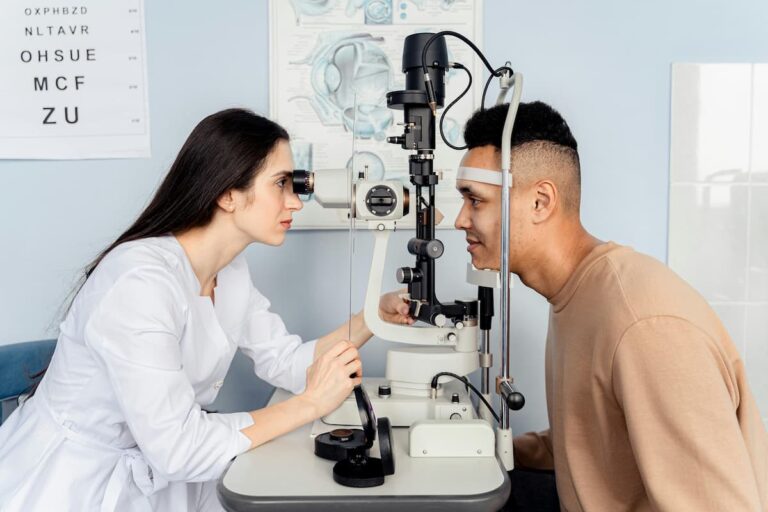 Médica oftalmologista fazendo exame de gonioscopia e um homem.